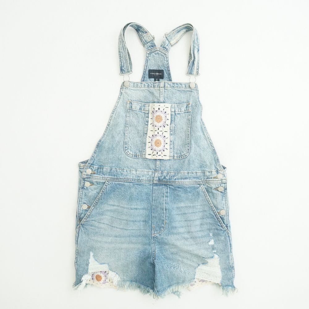 Lucky Brand Light Blue Distressed Denim Short Overalls